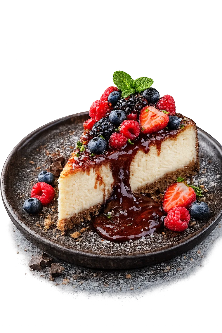 Baked cheesecake slice with berries and warm caramel
