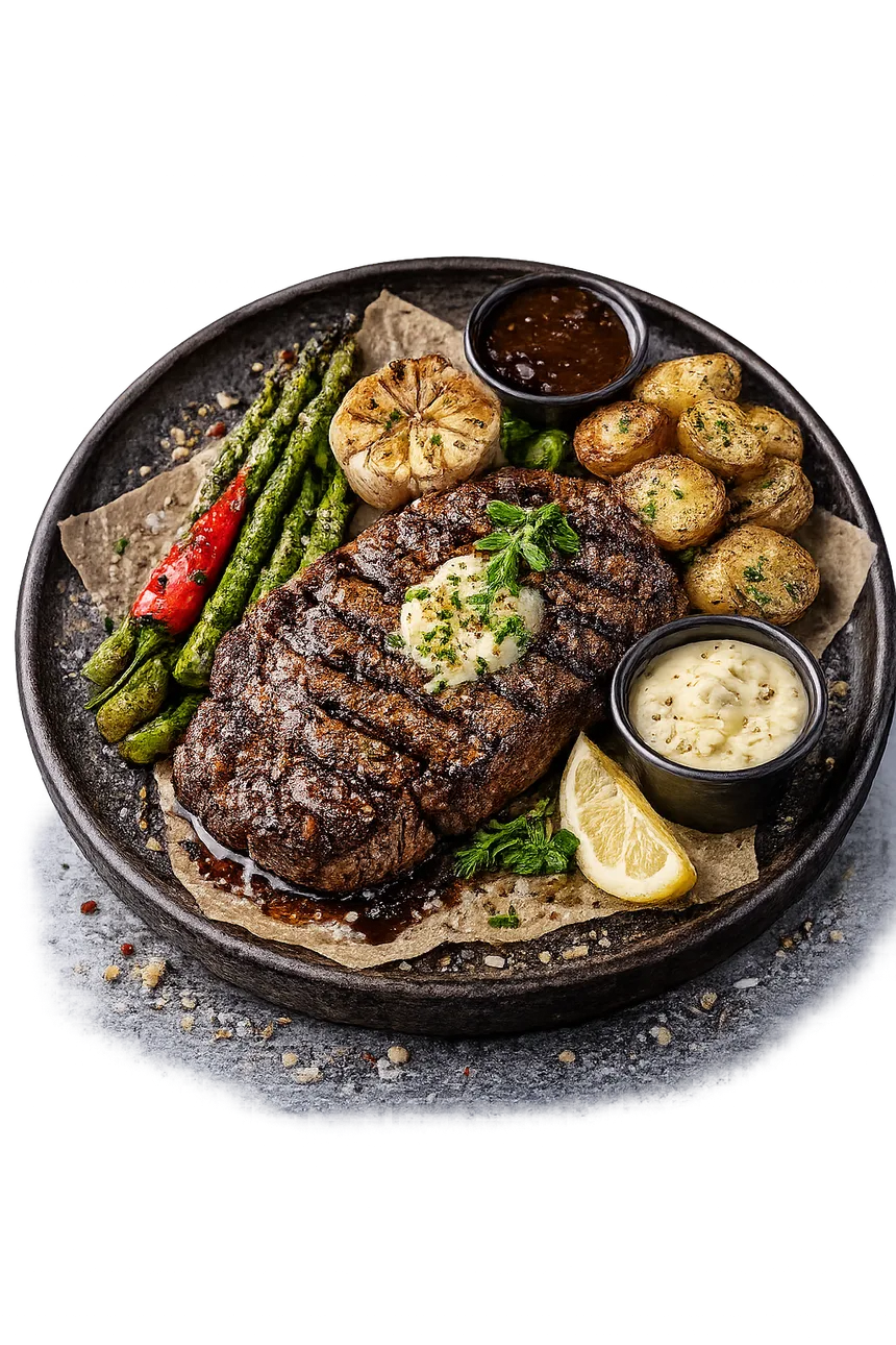 Charred ribeye with asparagus, roasted garlic and potatoes