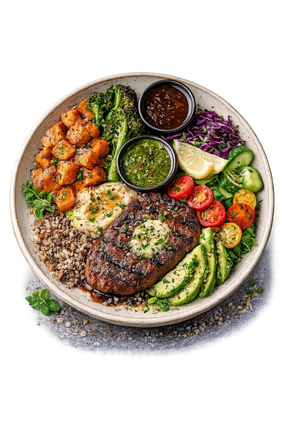 Fire kitchen — grilled steak bowl with chimichurri and vegetables