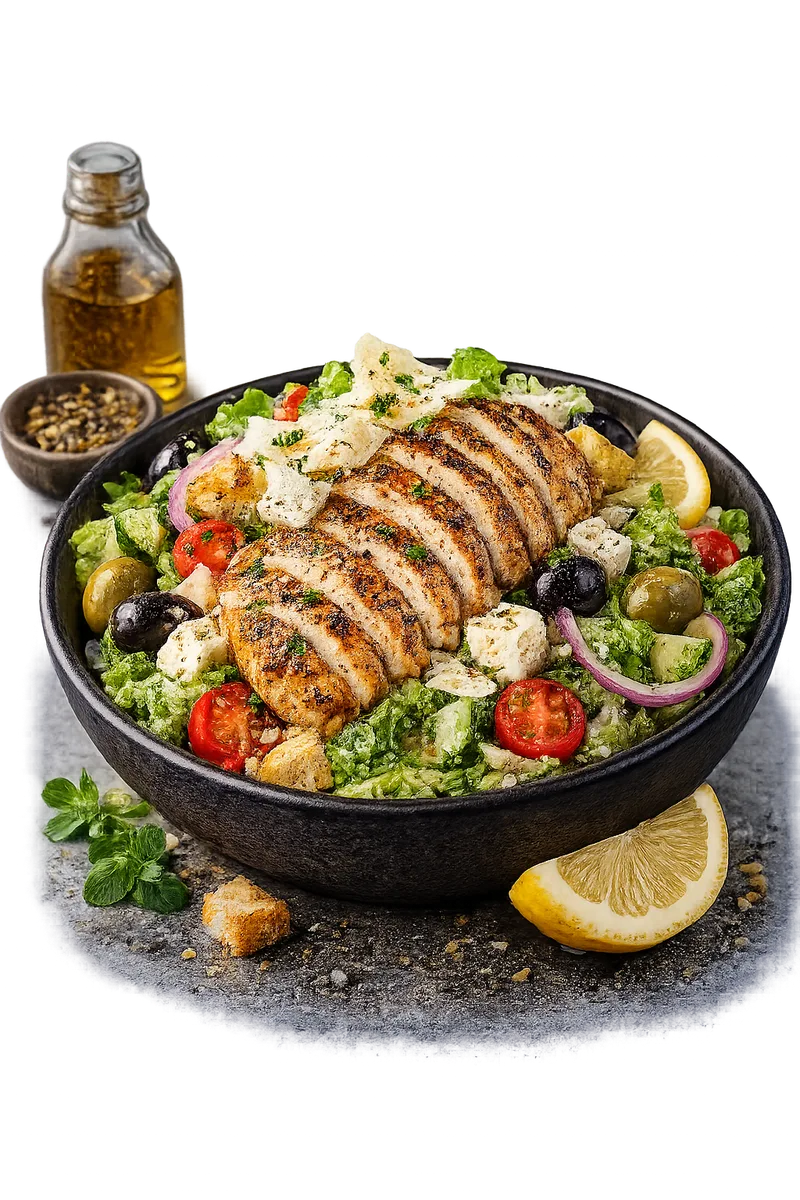 Garden kitchen — chicken and greens bowl with olives and feta