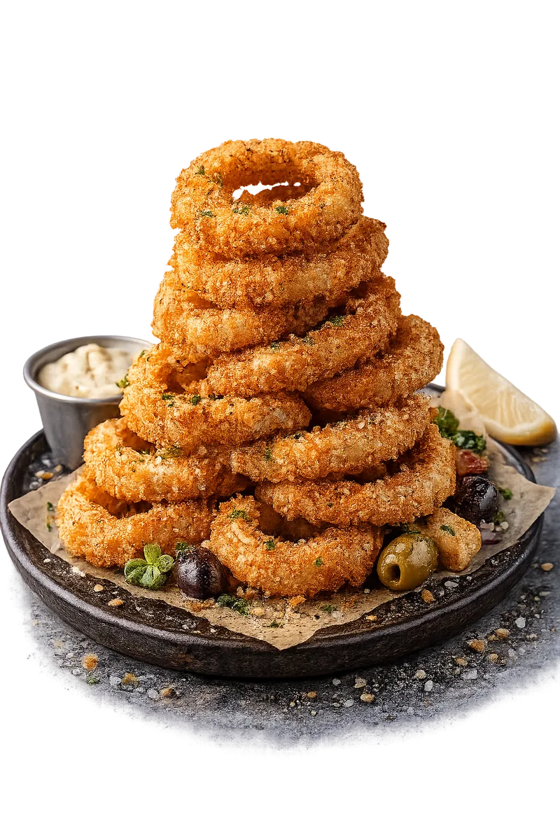 Golden crispy calamari tower with lemon and aioli