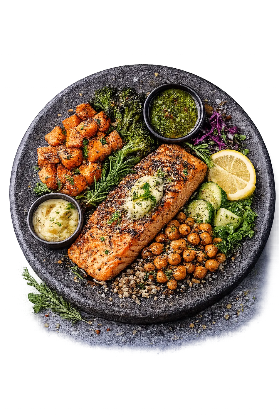Sea kitchen — herb-crusted salmon plate with lemon