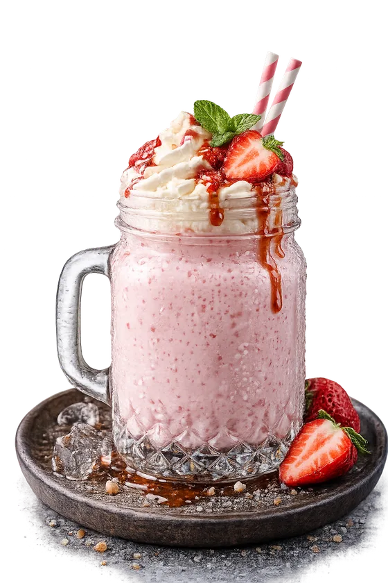 Strawberry cream shake in a mason jar